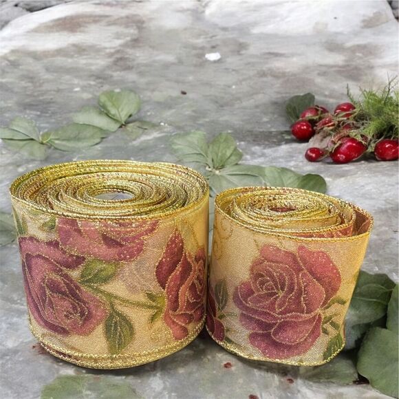 New Stats Gold Floral Wire Ribbon Three (3) Rolls Holidays Xmas Decor - Picture 2 of 6
